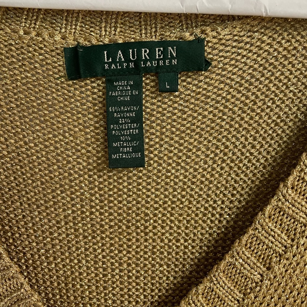 Beautiful Ralph Lauren gold metallic V-neck sweater- long sleeves. EUC large